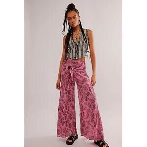 New Free People FP ONE Good Day Printed Wide-Leg Pants $128 LARGE Pink Paisley